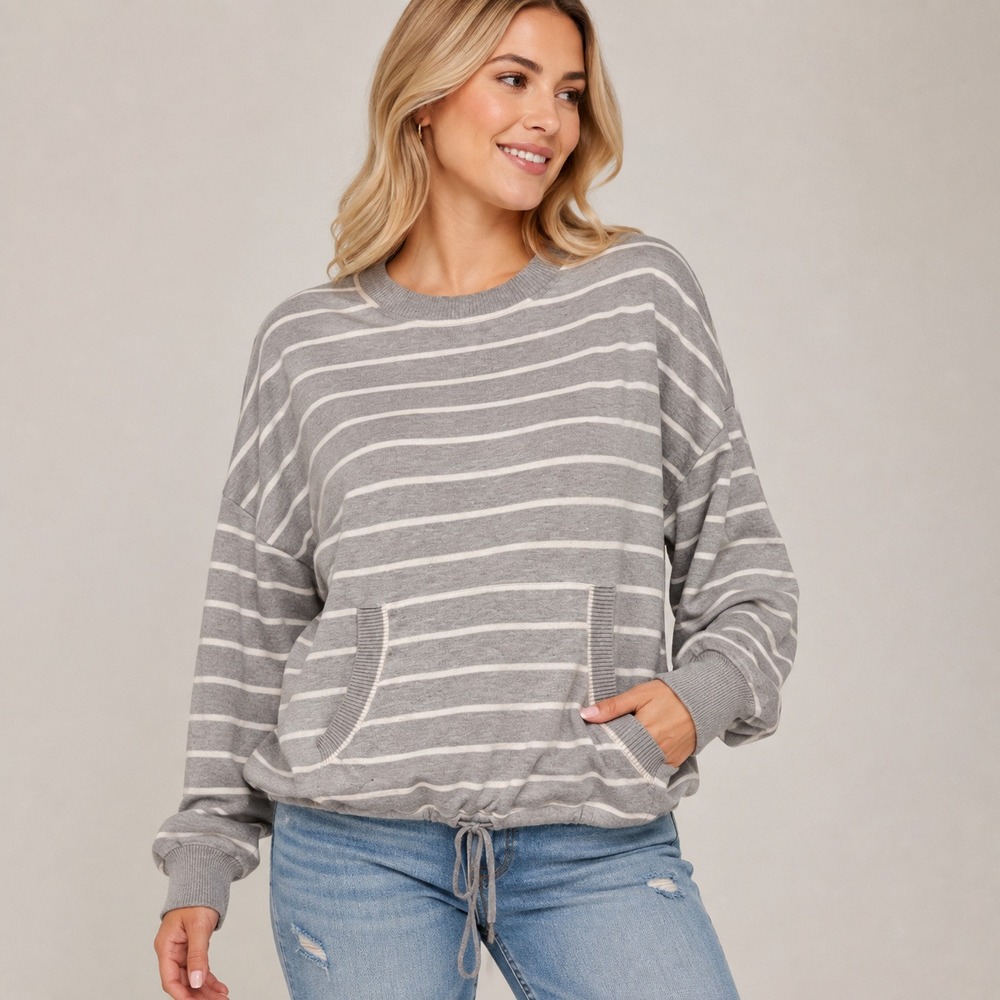 MAX STUDIO London Slouchy Striped Knit Oversized Coastal Casual Drawstring Top L